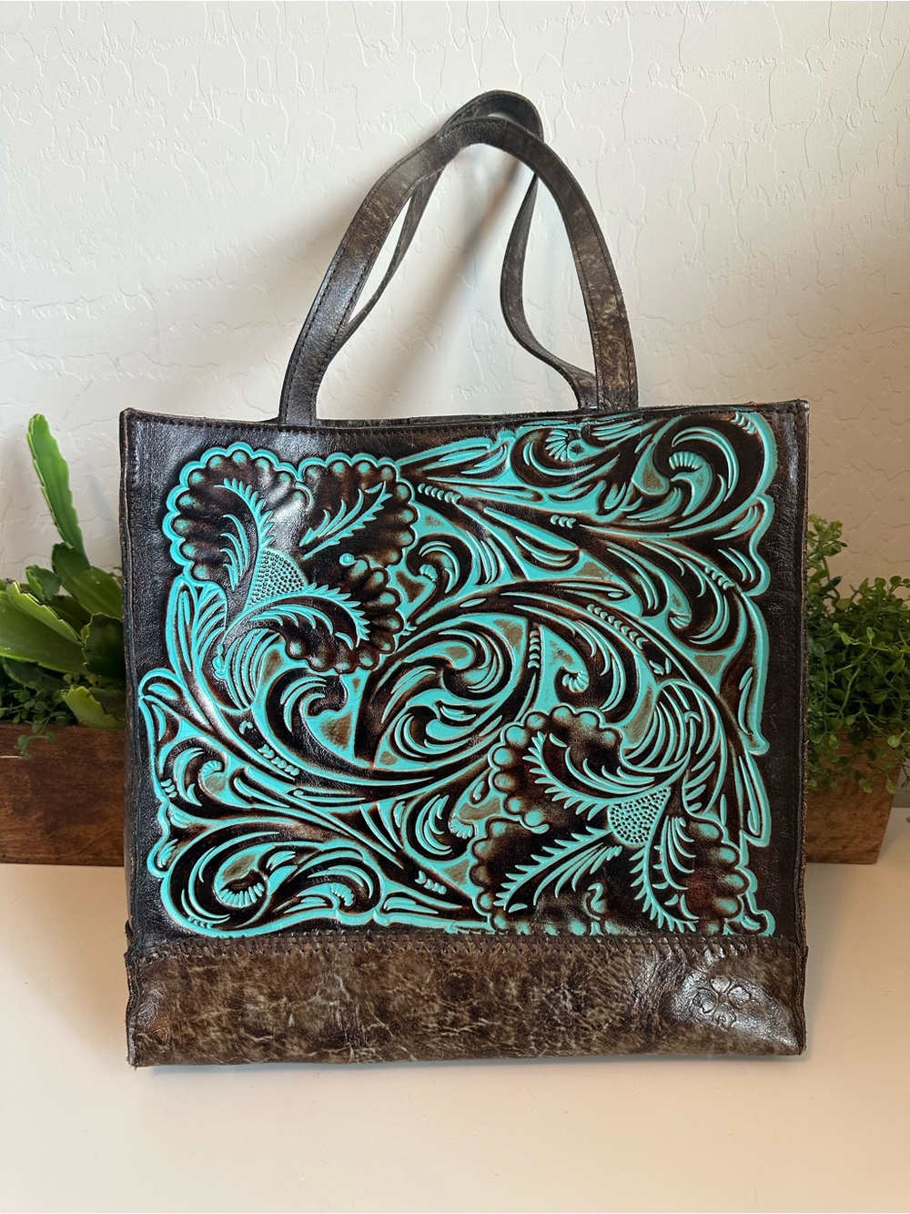 Patricia Nash Brown and Turquoise Tooled Leather Tote